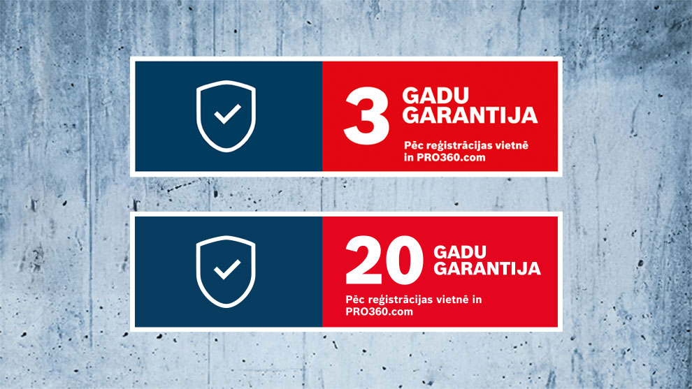 Divi garantijas baneri: 3 gadi un 20 gadi, sarkani un zili, ar simbolu.