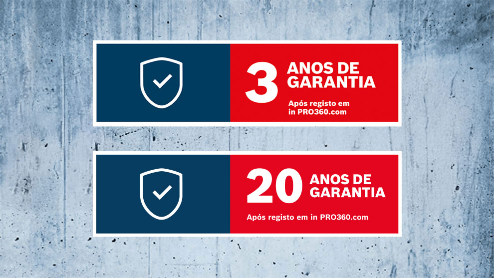Dois banners de garantia da Bosch: 3 e 20 anos, vermelho e azul.