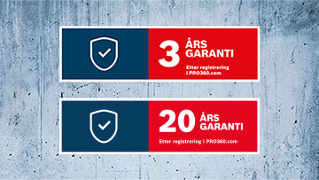 To garantibannere i blått og rødt, med 3 og 20 års garanti.
