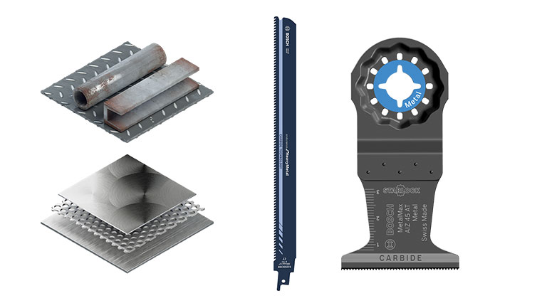Različiti Bosch Professional metalni alati raspoređeni na površini.