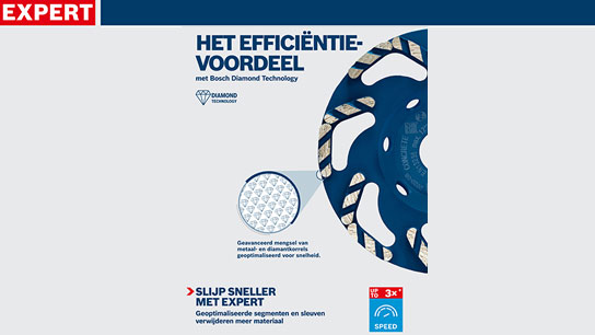 Bosch Expert diamant schijf met blauwe en witte designelementen.