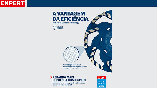Um disco de corte de diamante azul Bosch Expert com descrição em fundo branco.