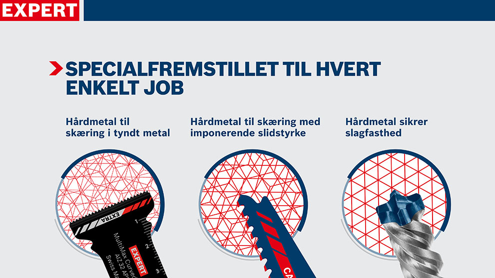 Tre værktøjer med hårdhedsgrad, på grå baggrund, rød og blå.