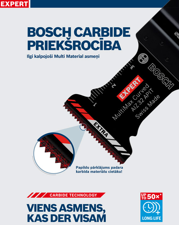 Melna Bosch Expert karbīda zāģa asmens ar sarkanu uzrakstu, daudzmateriālu izmantošanai.