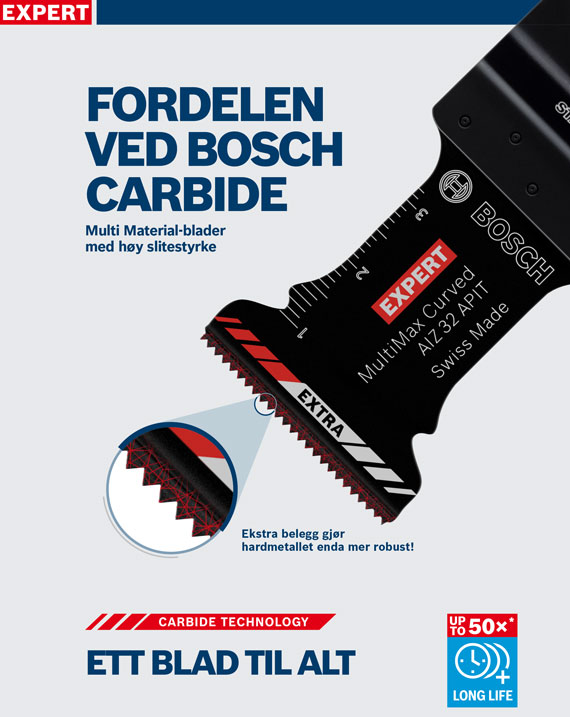 Svart Bosch Expert MultiMax sagblad med rød-hvite markeringer.