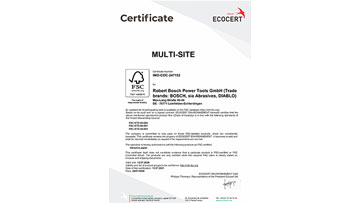 Ett certifikat från Bosch Power Tools med FSC-logotyp och textinformation.