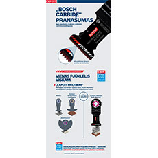 Bosch Professional įrankis su įvairiais pjūklų ašmenimis pilkame fone.