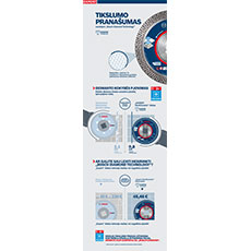 Produkto informacija apie Bosch Professional pjovimo diskus mėlynos ir raudonos spalvos.