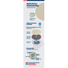 Informācijas plakāts par Bosch daļiņu kontroli ar grafikām un tekstu.