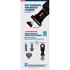 Een Bosch Professional zaagblad met beschrijving en symbolen op een blauwe achtergrond.