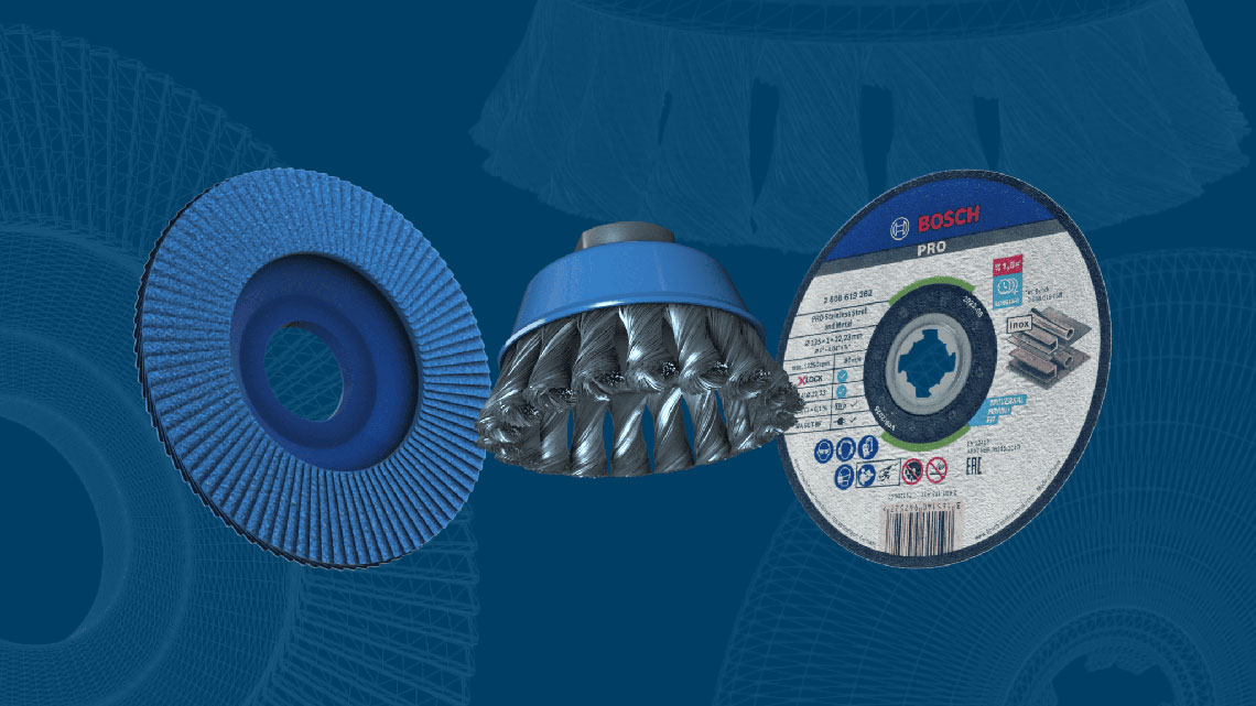 Три інструменти Bosch Professional синього кольору на синьому фоні.