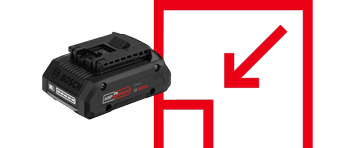 Černá akumulátorová baterie Bosch Professional vedle červeného montážního symbolu.