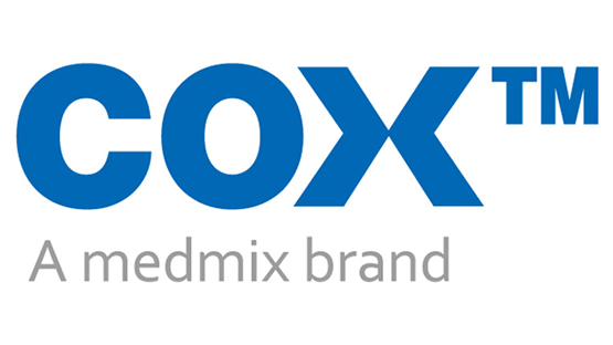 Logo COX, modré na bílém pozadí, s "značkou medmix".