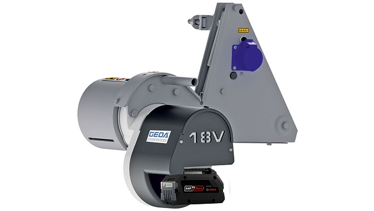 Nástroj GEDA 18V s šedým pouzdrem a černou baterií.