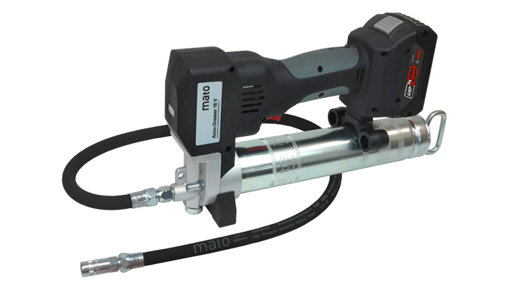 Černý bezdrátový nástroj Mato s kovovým válcem a hadicí.