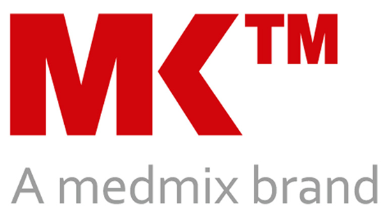 Logo MK v červené s "A medmix brand" v šedé pod ním.