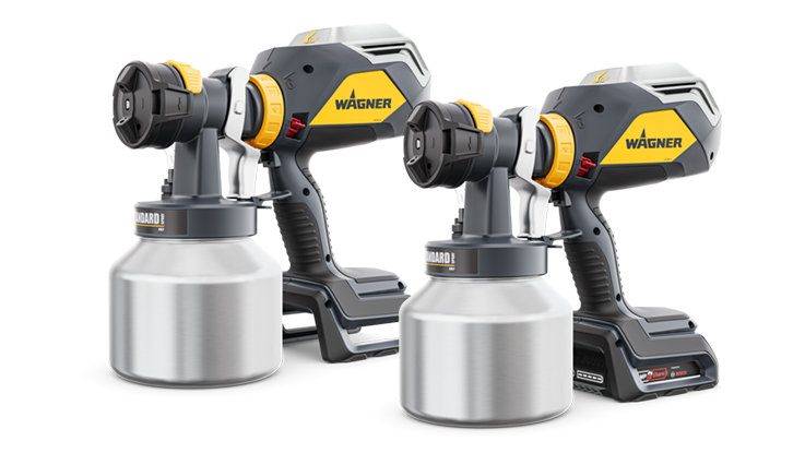D dvě šedé zařízení na stříkání barev Wagner se stříbrnými nádobami.
