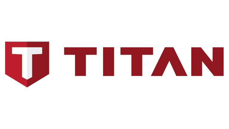 TITAN-logo i rød og hvid, moderne og kraftfuldt design.