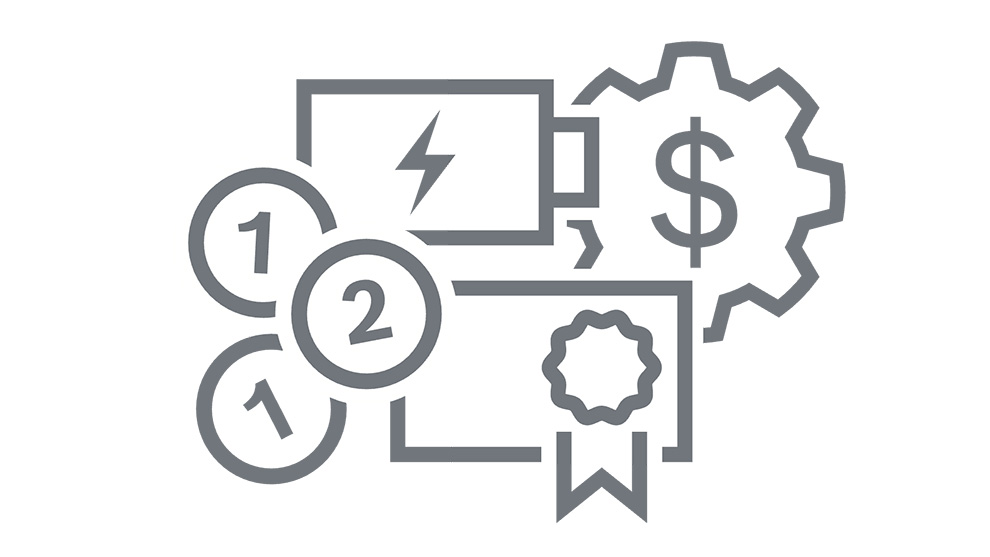 Grafika s baterií, mincemi, znakem dolaru a certifikátem.