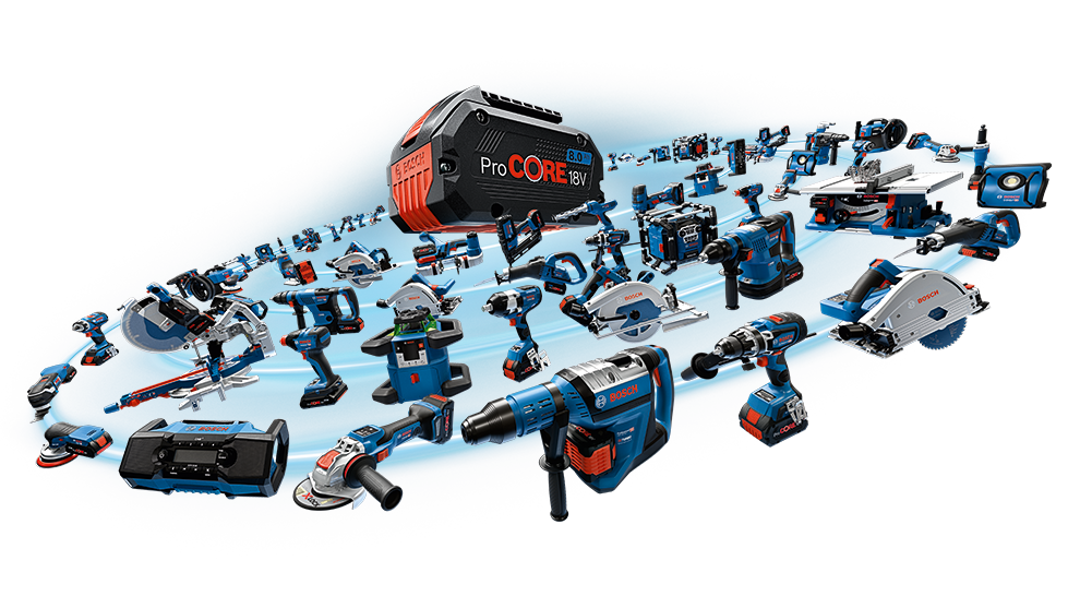 Olika Bosch Professional verktyg arrangerade på en blå bakgrund.