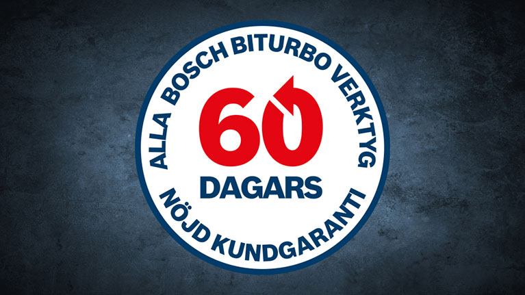Bosch Biturbo 60-dagars kundgaranti märke på mörk bakgrund.