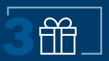 A white gift box with a ribbon in front of a blue background and the number 3.