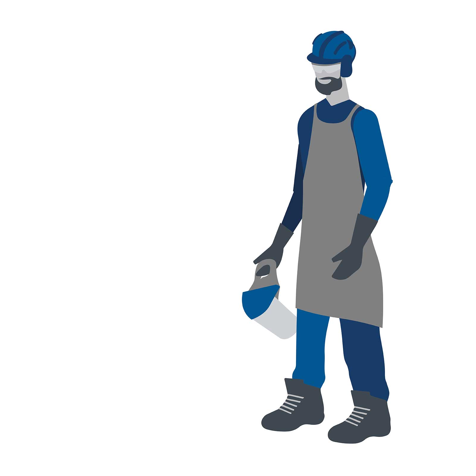 Muž v modrém pracovním oblečení drží toolbox.