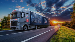 En grå Mercedes-lastbil står på en landevej ved solnedgang.