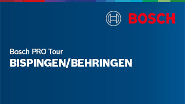 Logo von Bosch auf blauer Hintergrund, mit dem Text "Bosch PRO Tour Bispingen/Behringen".