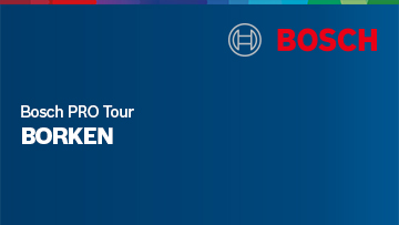 Ein Banner für die Bosch PRO Tour in Borken, mit blauem Hintergrund und rotem Bosch-Logo.