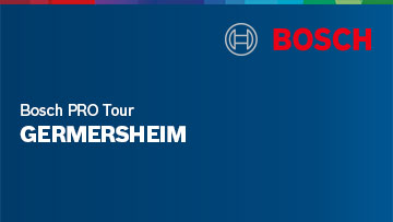 Logo von Bosch in Rot auf blauem Hintergrund, mit der Aufschrift "Bosch PRO Tour GERMSHEIM".