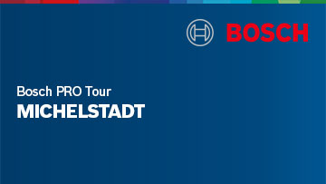 Logo von Bosch mit Schriftzug "Bosch PRO Tour Michelstadt" auf blauem Hintergrund.