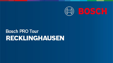 Bosch PRO Tour Logo mit dem Schriftzug Recklinghausen auf blauem Hintergrund.