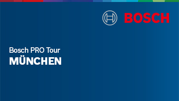 Bosch-Logo und Text "Bosch PRO Tour MÜNCHEN" auf blauem Hintergrund.