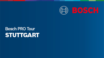 Logo von Bosch, Text "Bosch PRO Tour Stuttgart" auf blauem Hintergrund.