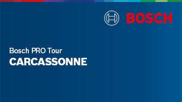 Logo de Bosch en rouge sur fond bleu, avec le texte 'Bosch PRO Tour CARCASSONNE'.