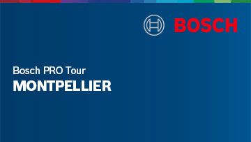 Fond bleu avec le logo Bosch et le texte 'Bosch PRO Tour MONTPELLIER' en blanc.