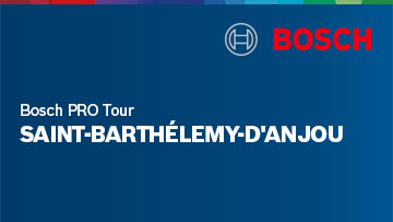 Logo de Bosch, texte "Bosch PRO Tour SAINT-BARTHÉLÉMY-D'ANJOU" sur fond bleu, avec une bordure colorée.