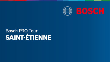 Logo de Bosch en rouge et blanc, texte en blanc sur fond bleu, indication d'événement pour Saint-Étienne.