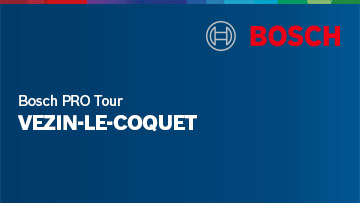 Logo de la marque Bosch sur fond bleu avec le texte : 'Bosch PRO Tour VEZIN-LE-COQUET'.
