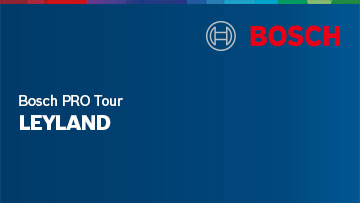 Bosch logo in red and the text "Bosch PRO Tour LEYLAND" on a blue background.
