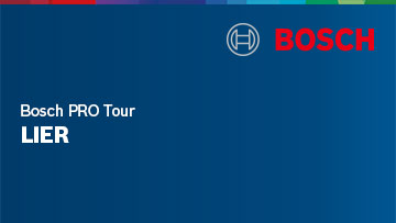 Bosch-logo i rødt på blå bakgrunn, ved siden av står "Bosch PRO Tour LIER" i hvitt.
