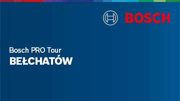 Niebieskie tło z logo Boscha i tekstem "Bosch PRO Tour BELCHATÓW" na białym tle.