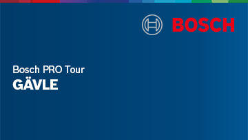 En blå banner med Bosch-logotypen och texten "Bosch PRO Tour GÄVLE" i vitt. Bakgrund i blått.