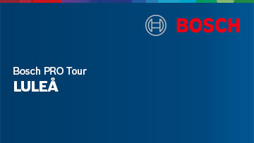 En blå banner med Bosch-logotypen och texten "Bosch PRO Tour Luleå" på en färggradient.