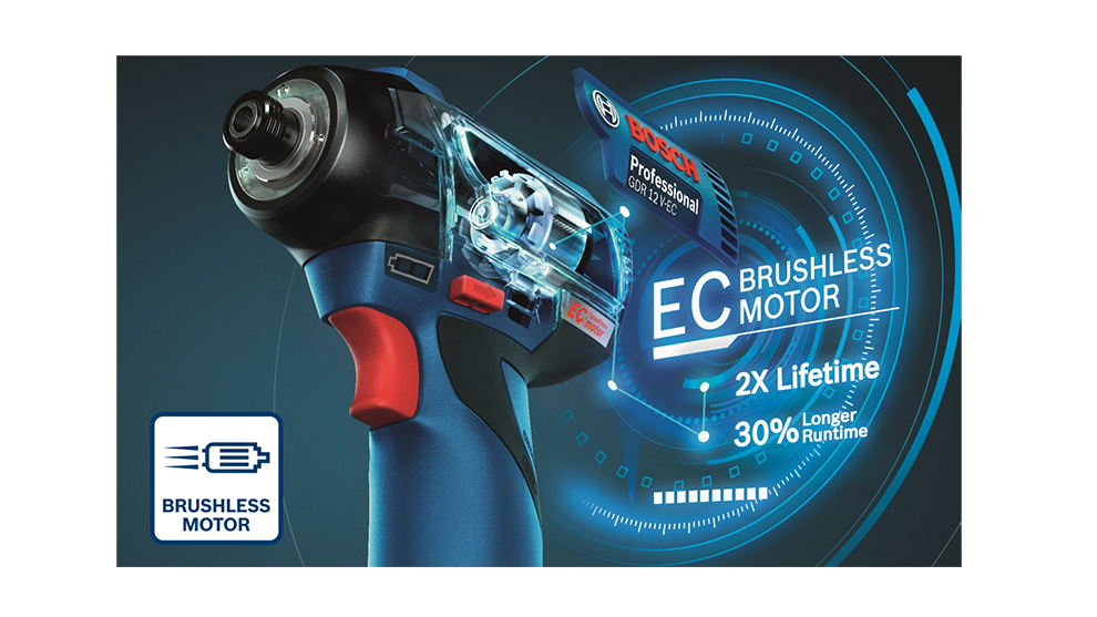 A blue Bosch Professional cordless screwdriver with EC motor and logo.