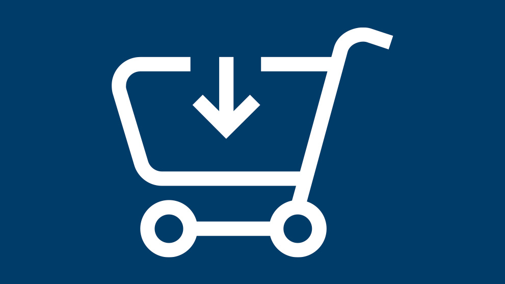 En vit ikon av en shoppingkorg med en pil på en blå bakgrund.