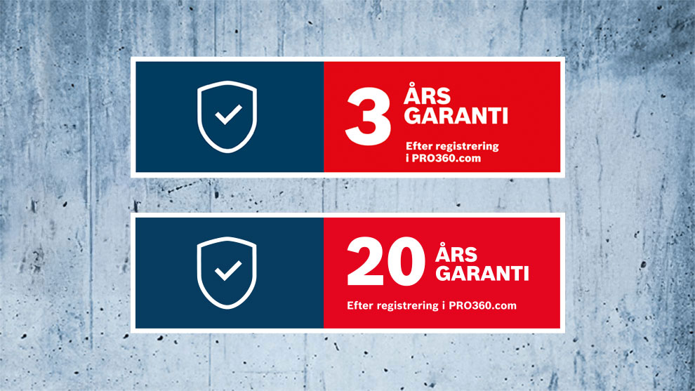 To garantibannere med blå og røde baggrunde på beton.