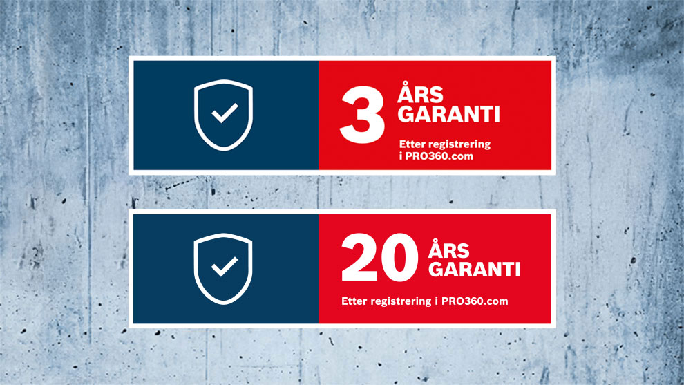 To garantiskilt, rød og blå, med 3 og 20 års garanti.