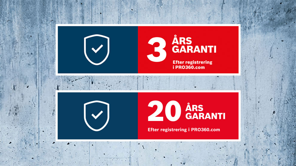 Två röda informationsbanderoller med garantier på grå bakgrund.